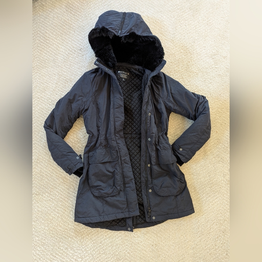 Athleta Black Quilted-Lined Parka with Faux Fur Hood
